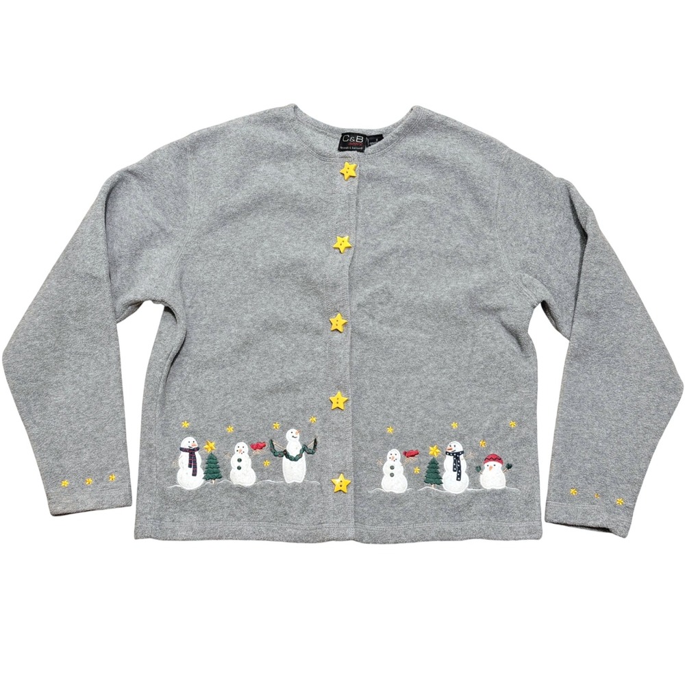 C&B Sport Croft & Barrow Gray Snowman Embroidered Fleece Cardigan Womens S Small